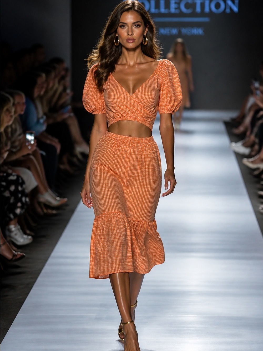 NWT Sim & Sam Orange White Gingham Smocked Cut Out Puff Sleeve Midi V-Neck XS